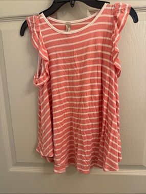 Pomelo Coral and White Striped Ruffle Tank